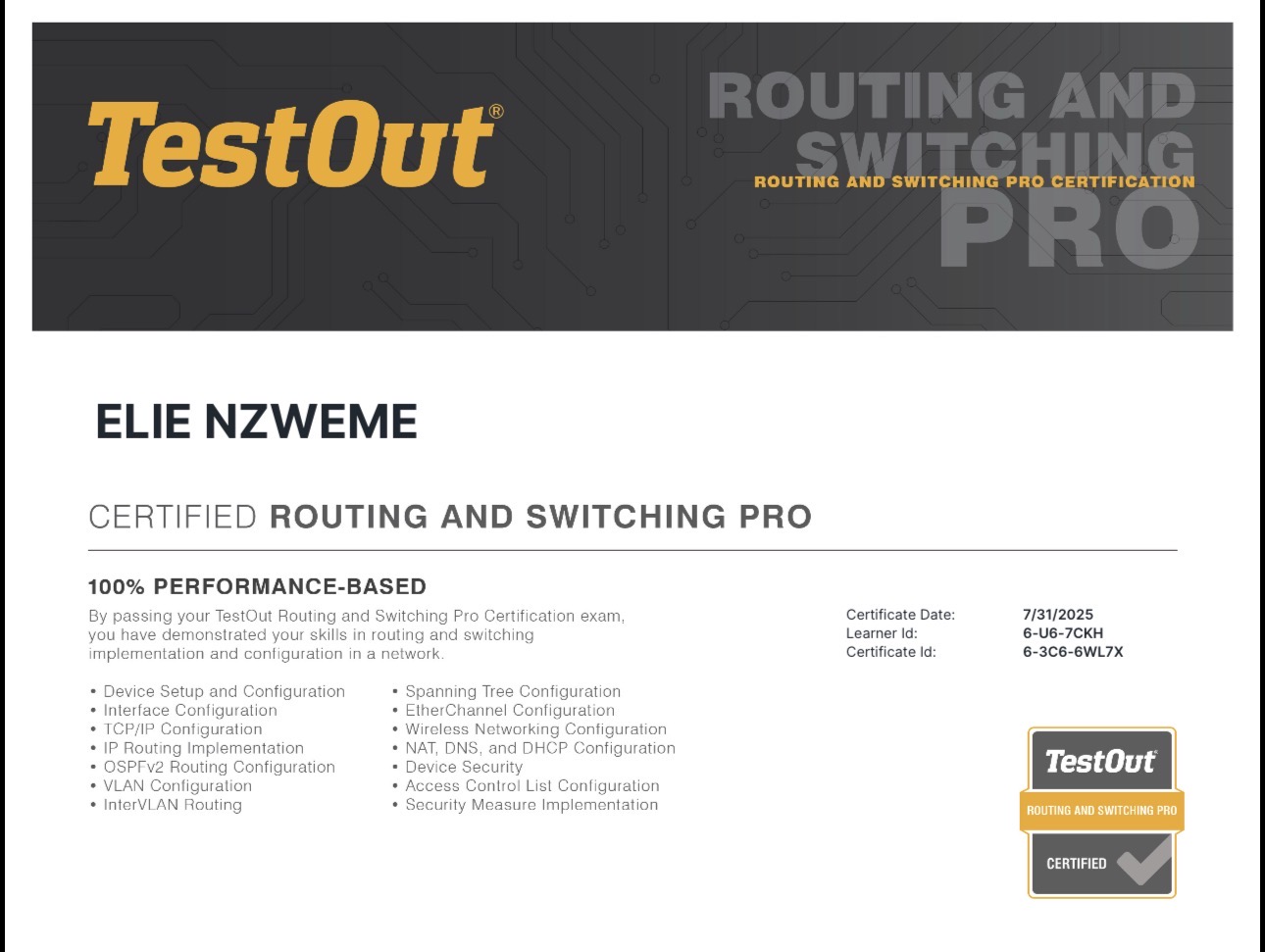 TestOut Routing and Switching Pro certification